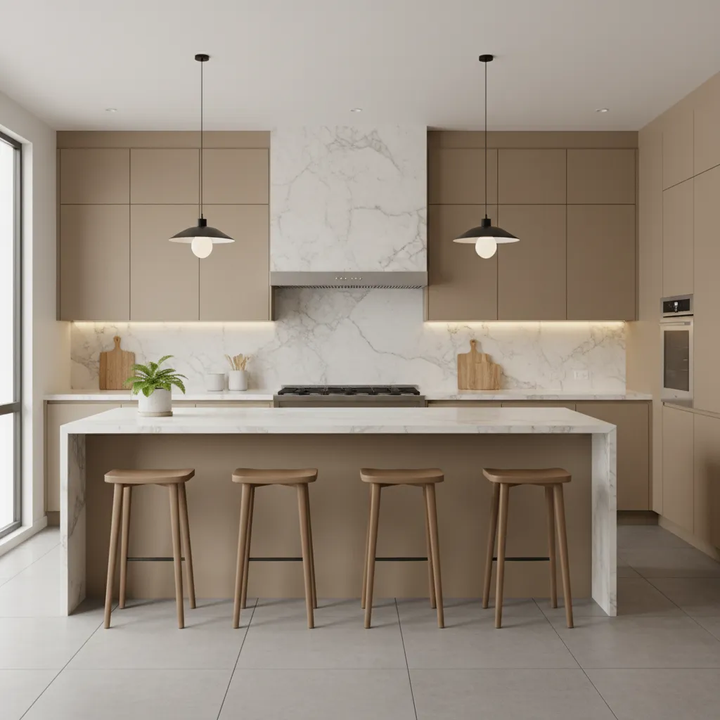 modern kitchen with natural stone backsplash