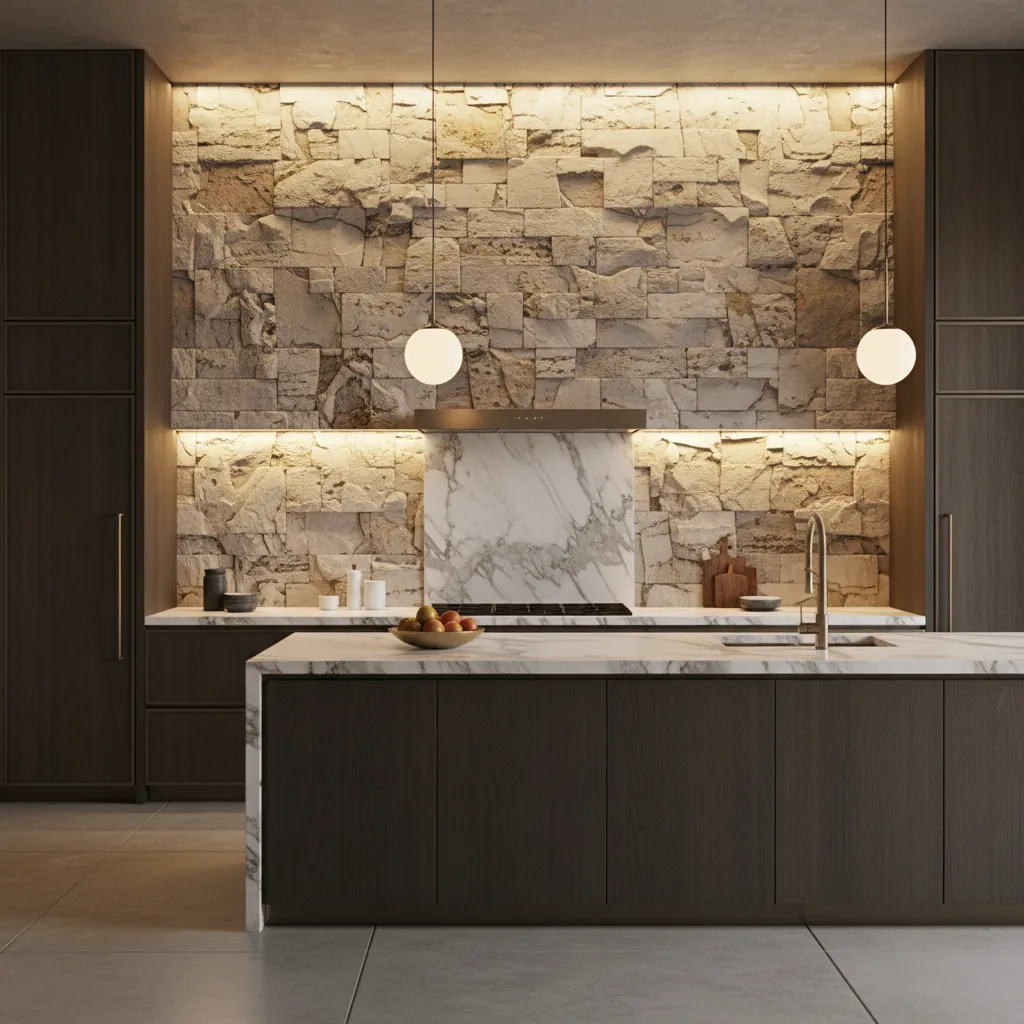 Kitchen with natural stone wall accent behind cooking area