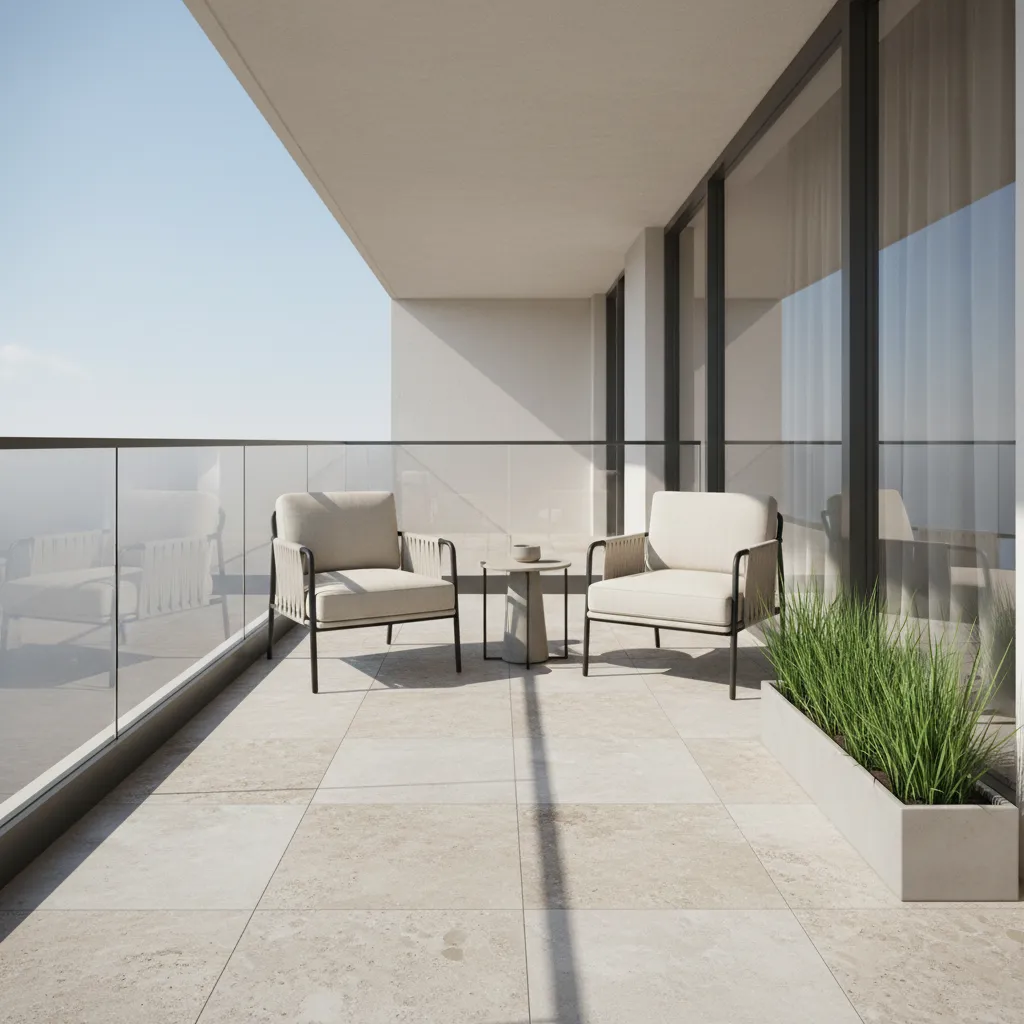 stone texture balcony tiles with outdoor seating area