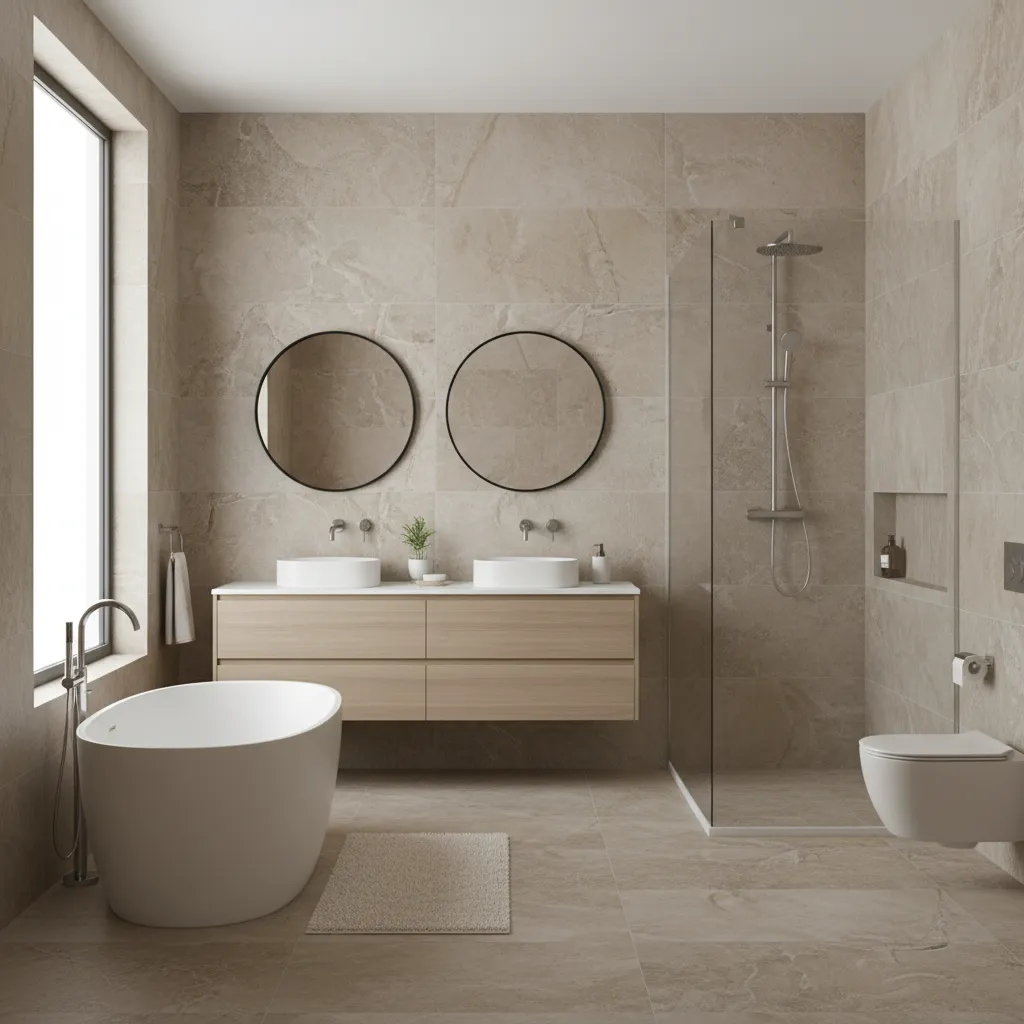 Bathroom with stone look porcelain tiles hiding water stains