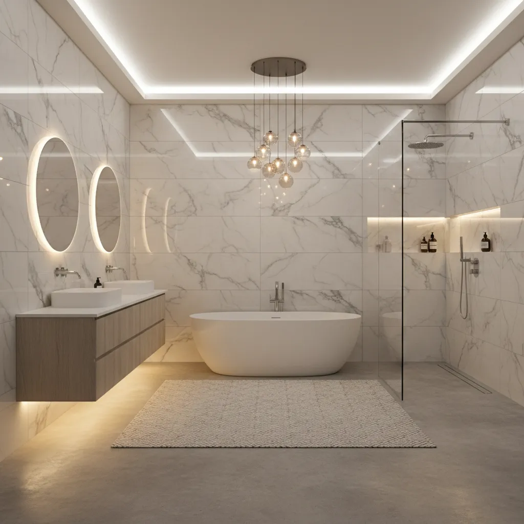 luxury bathroom with marble look porcelain wall tiles