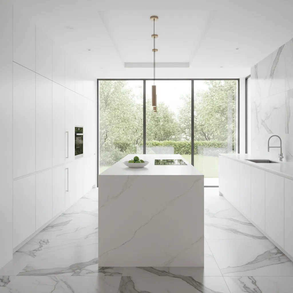 Large format stone look porcelain tile floor in white kitchen