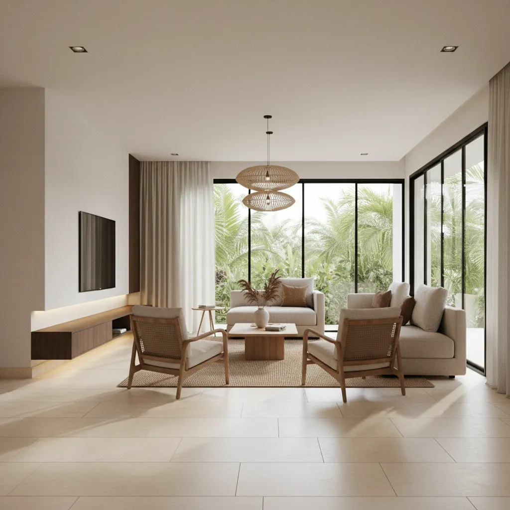 stone look porcelain tiles used in a modern Filipino living room