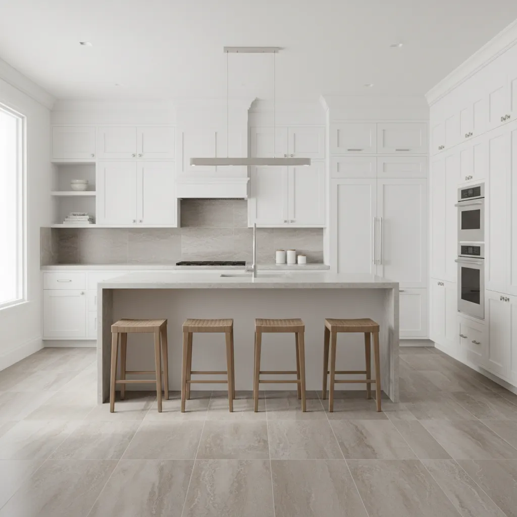 Stone look porcelain tile kitchen floor with white cabinets