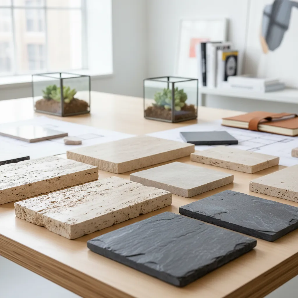 Various stone material samples and floor plans on a wooden desk in a bright office