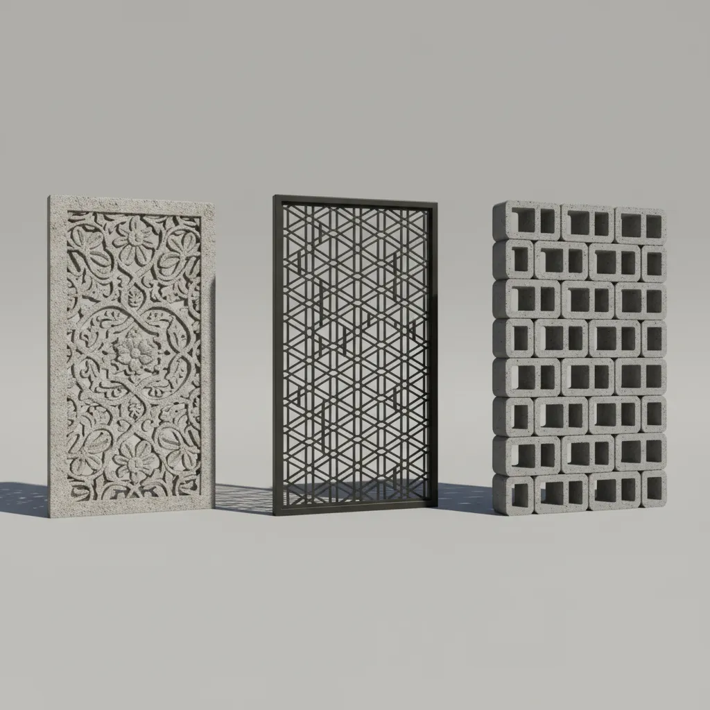 comparison of stone metal and concrete jali facade panels