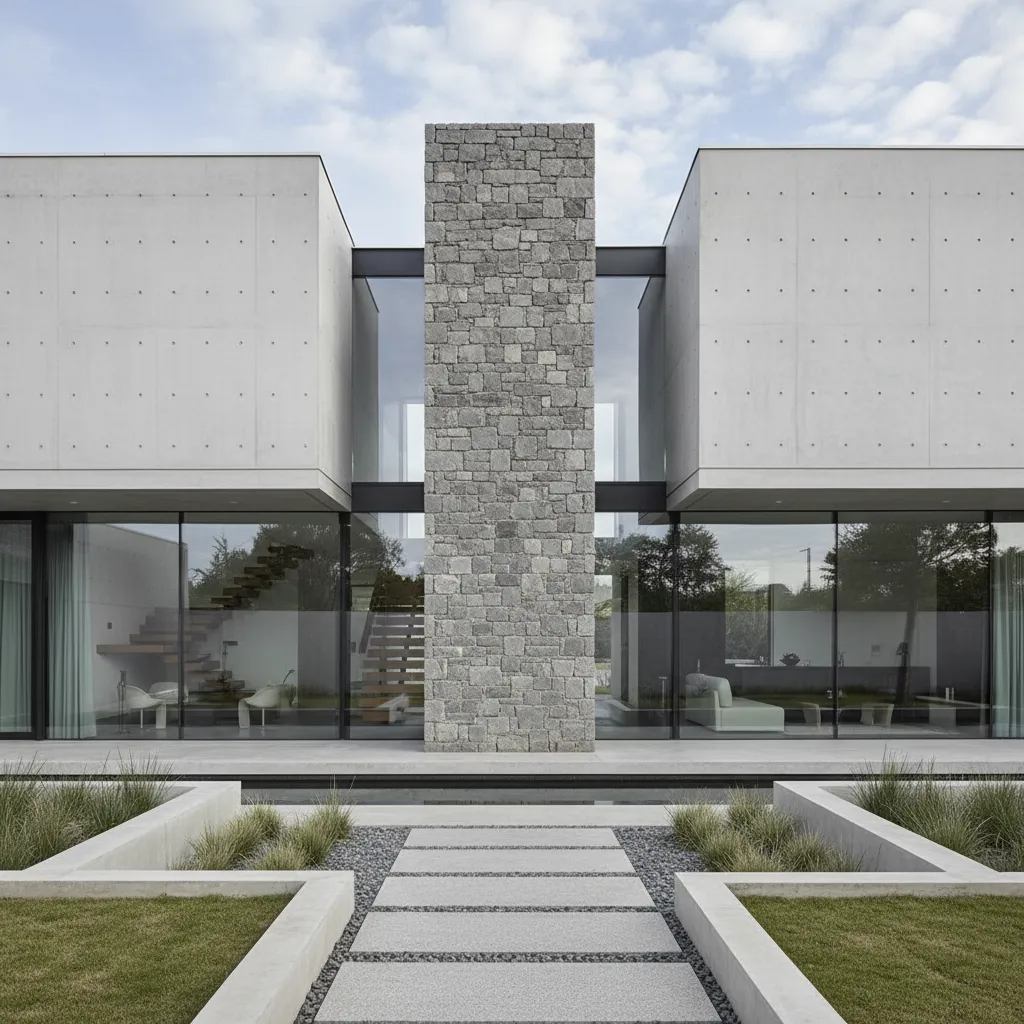 Casa moderna con volumen central revestido en piedra
