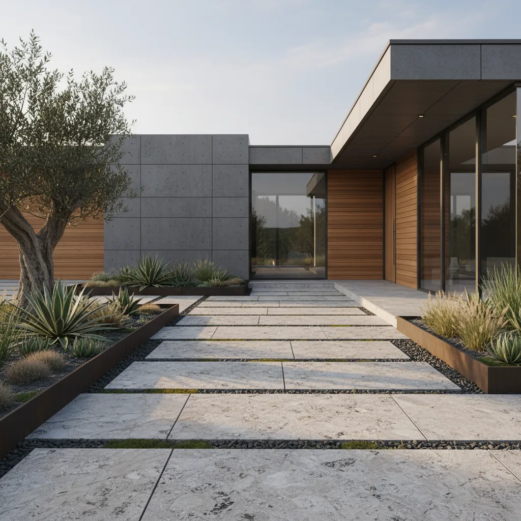 Banqueta de piedra natural con diseño moderno frente a una vivienda contemporánea