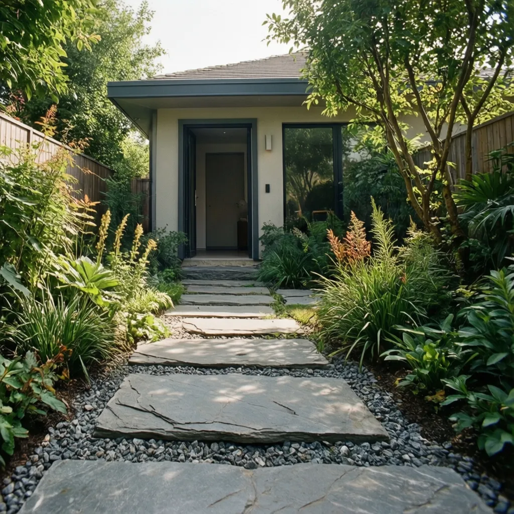 Camino de losas de piedra con grava en jardín pequeño de entrada
