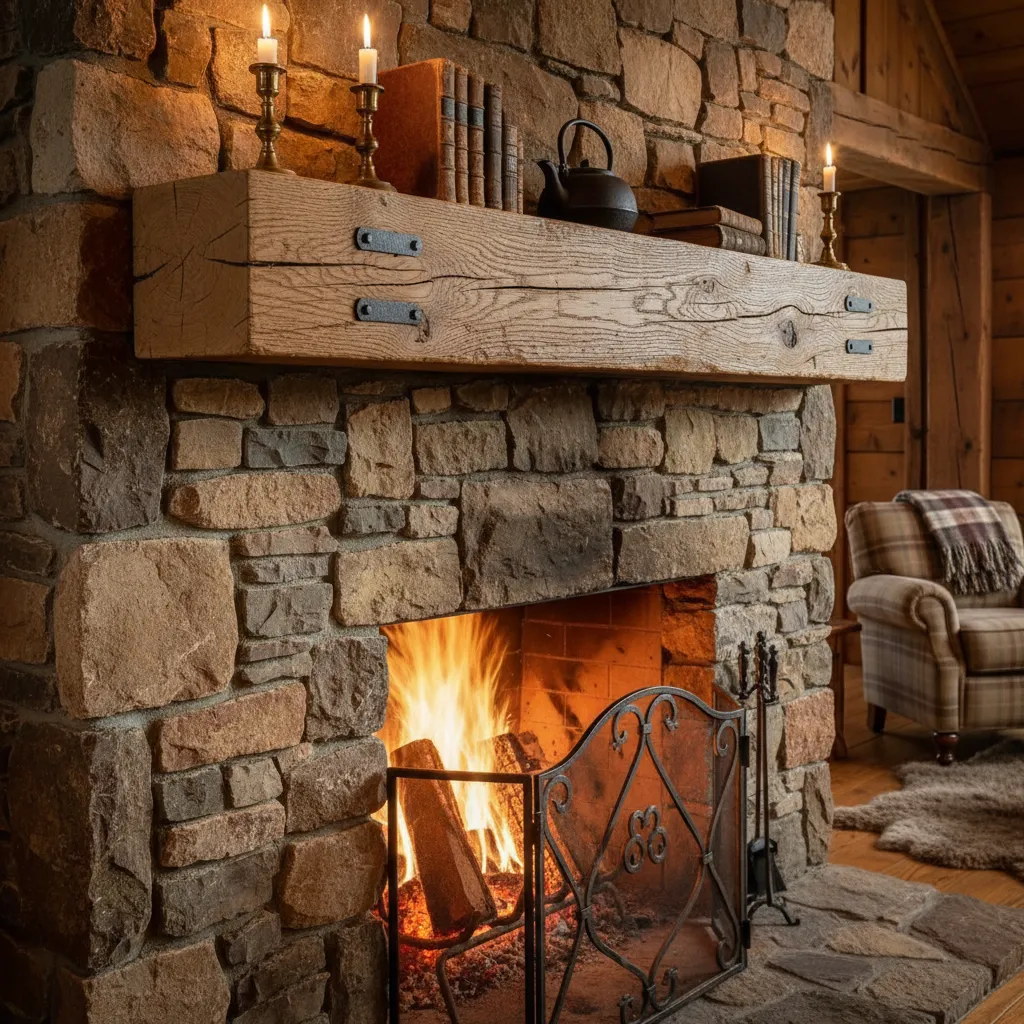 Detalle de chimenea rústica con piedra natural y repisa de madera