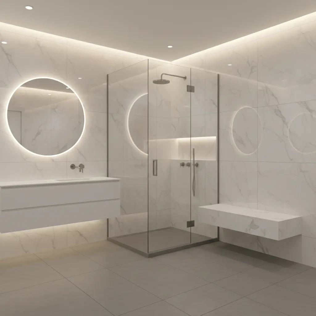 Floating quartz shower bench in luxury modern bathroom