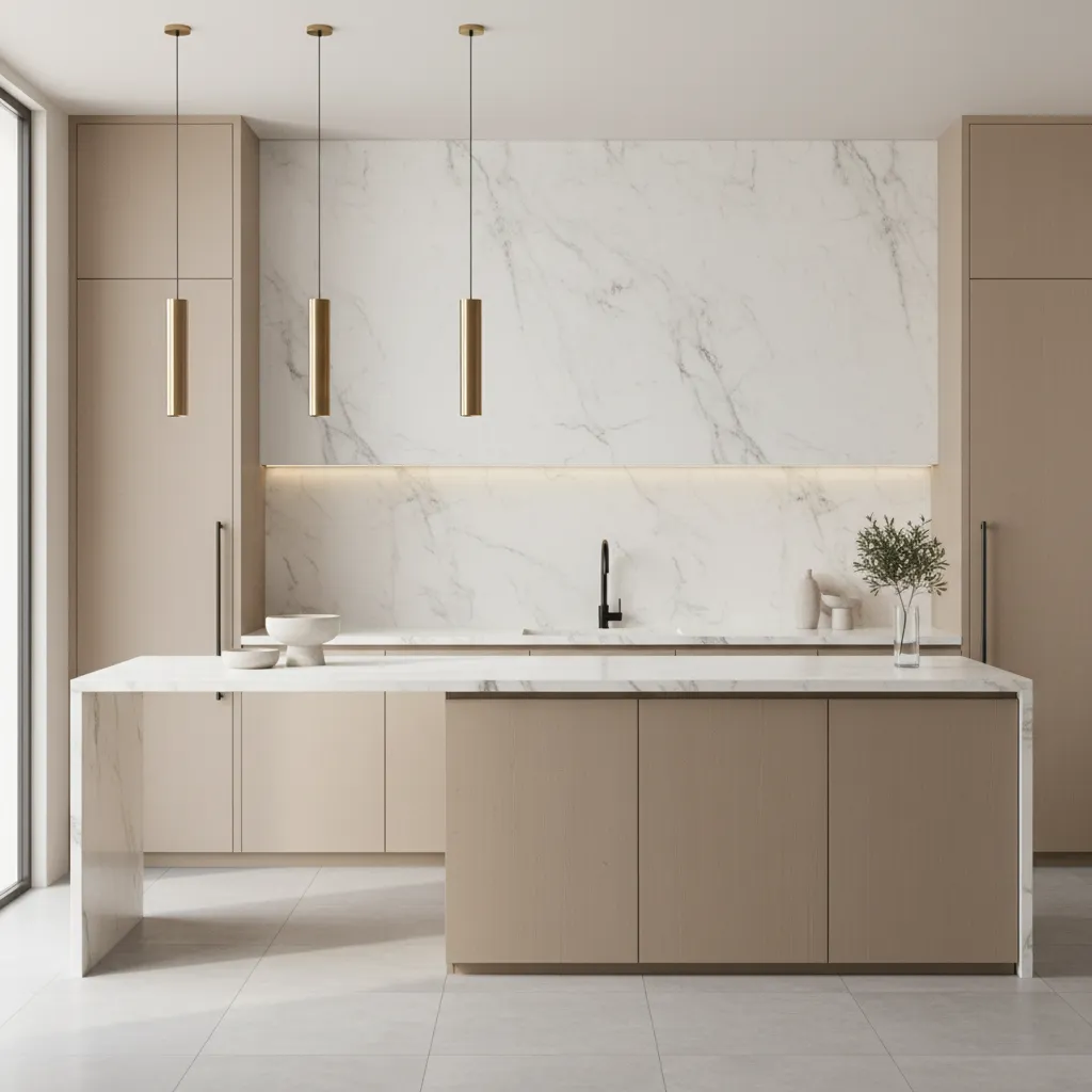 Large marble slab backsplash behind kitchen countertop and cabinets