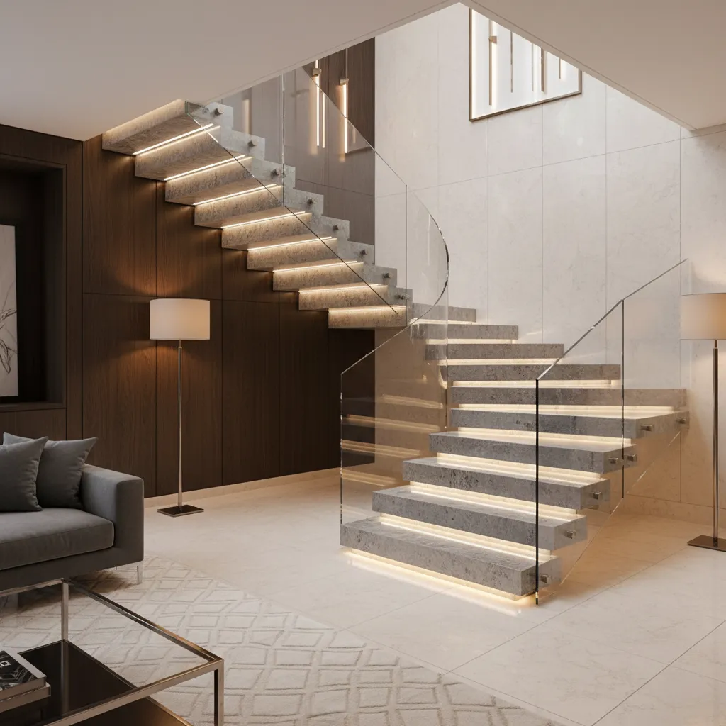 Escalera de piedra con iluminación LED bajo los escalones