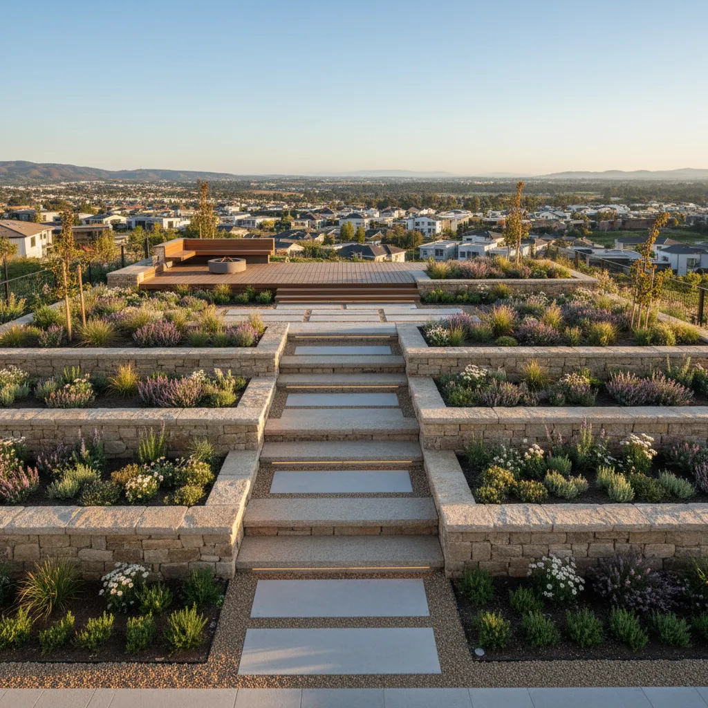 stone retaining wall terrace garden built into a backyard slope