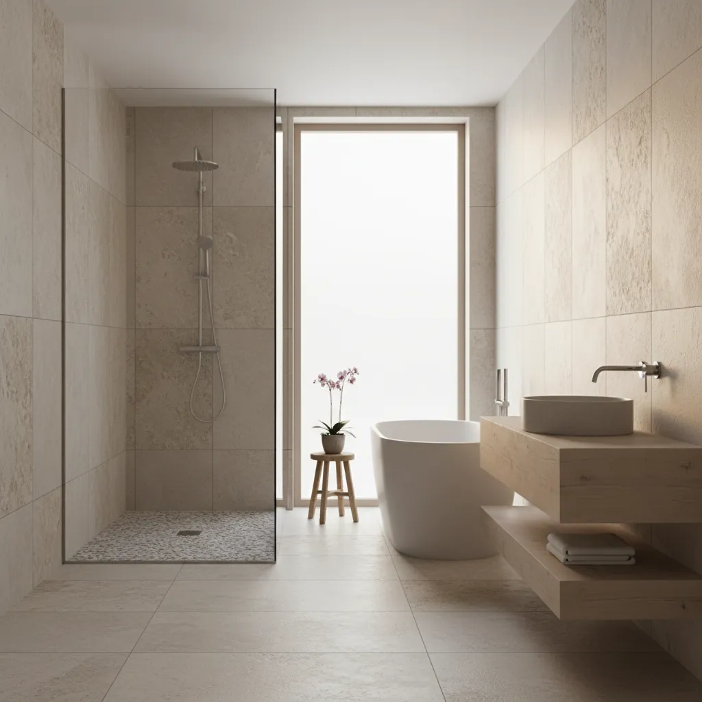 Bathroom featuring stone look textured porcelain wall tiles