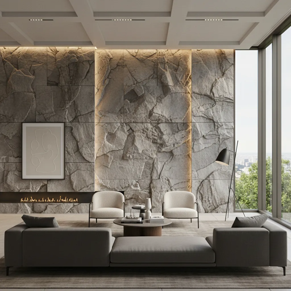 Natural stone textured feature wall in a large living room