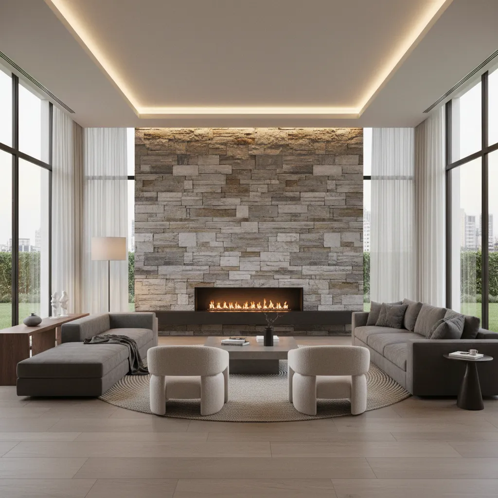 Large living room with natural stone textured feature wall