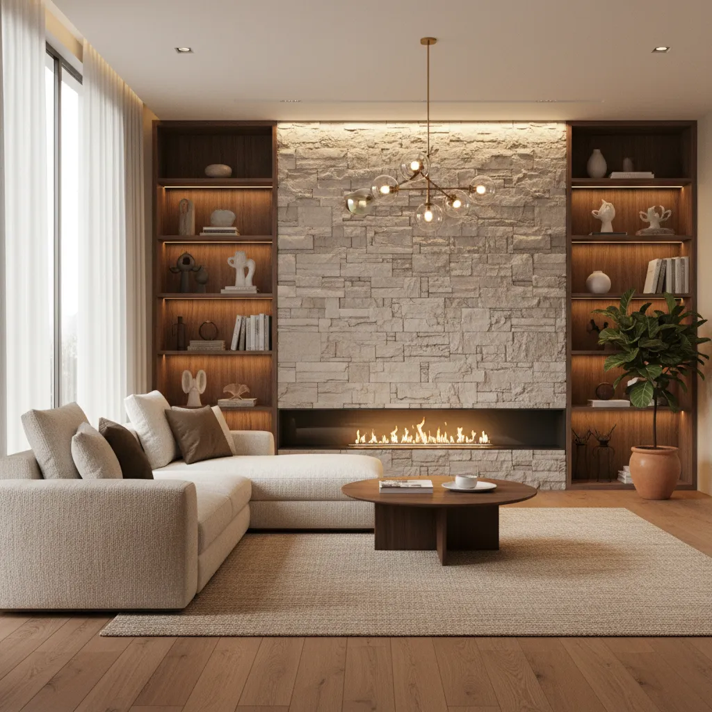 Living room fireplace wall finished with natural stone tiles