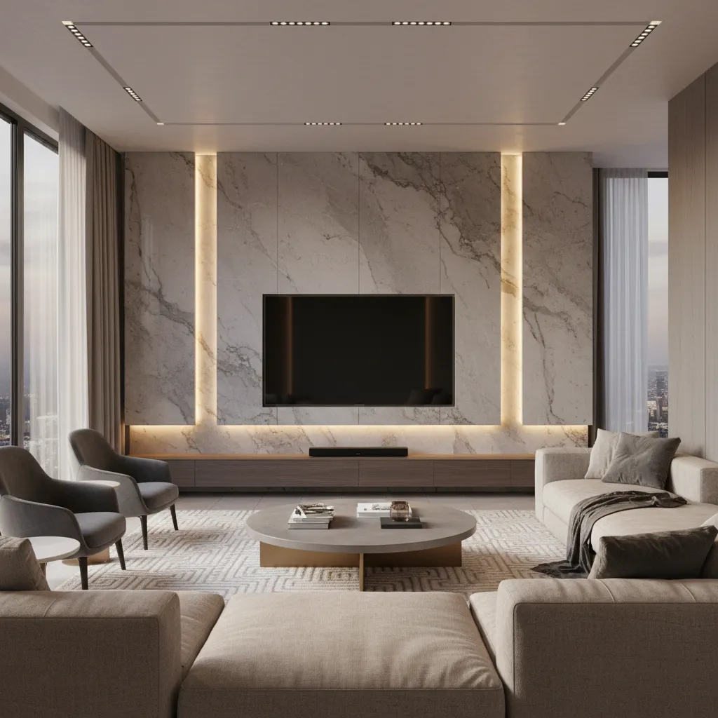 modern stone tv feature wall with warm LED lighting