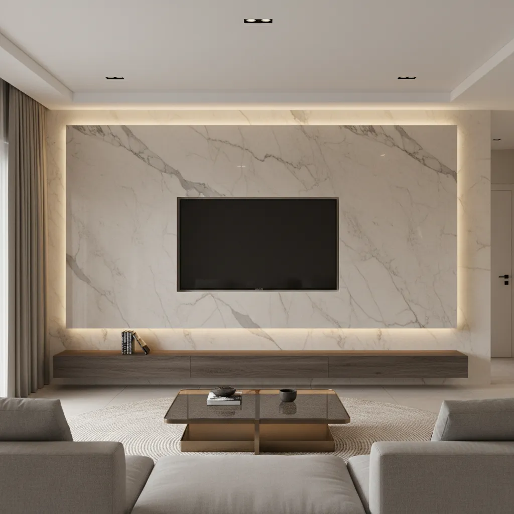 Modern living room TV wall with stone slab backdrop and integrated lighting