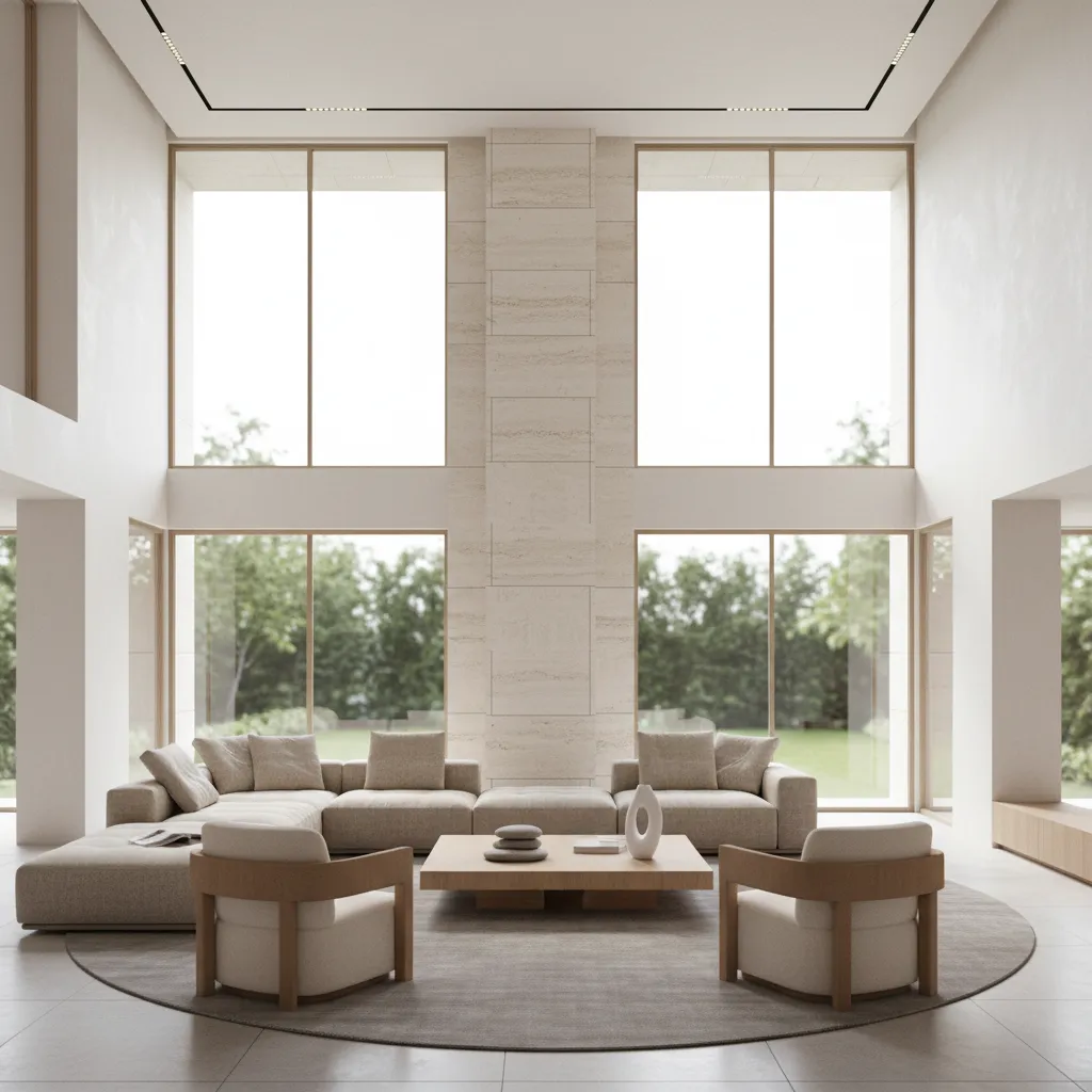 Living room column finished with light stone veneer