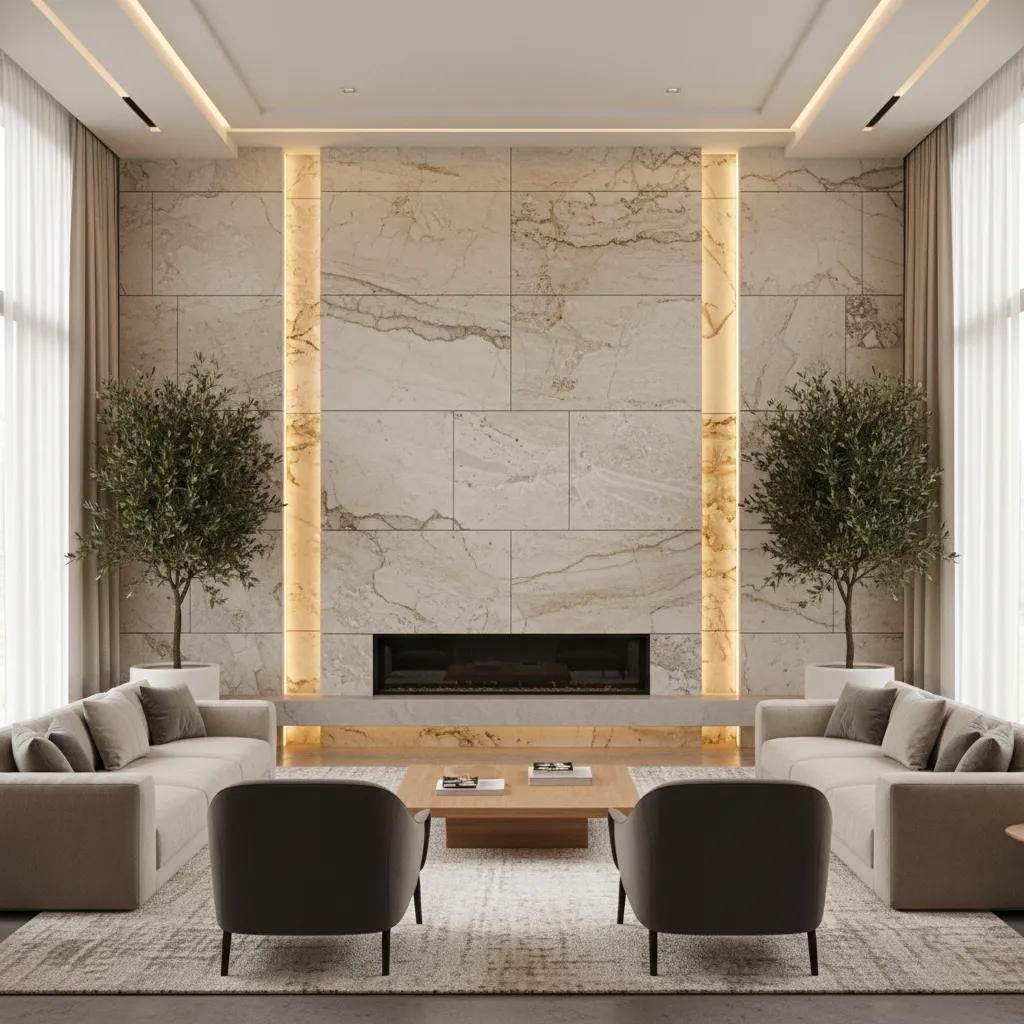 Living room with stone veneer feature wall around fireplace