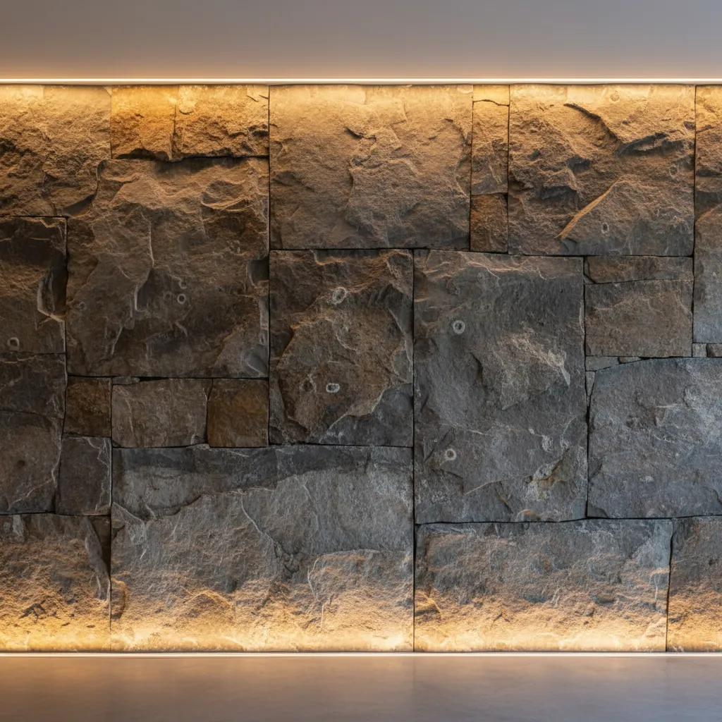 Textured grey stone wall with warm hidden light strips at the top and the bottom