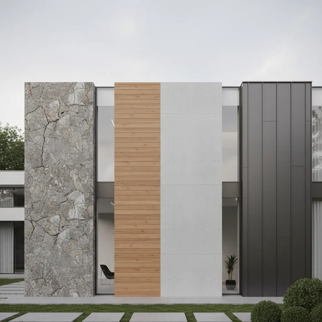 Exterior facade sections showing stone wood concrete and metal materials comparison