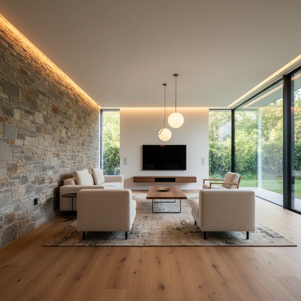 Decoración de interiores con piedra y madera