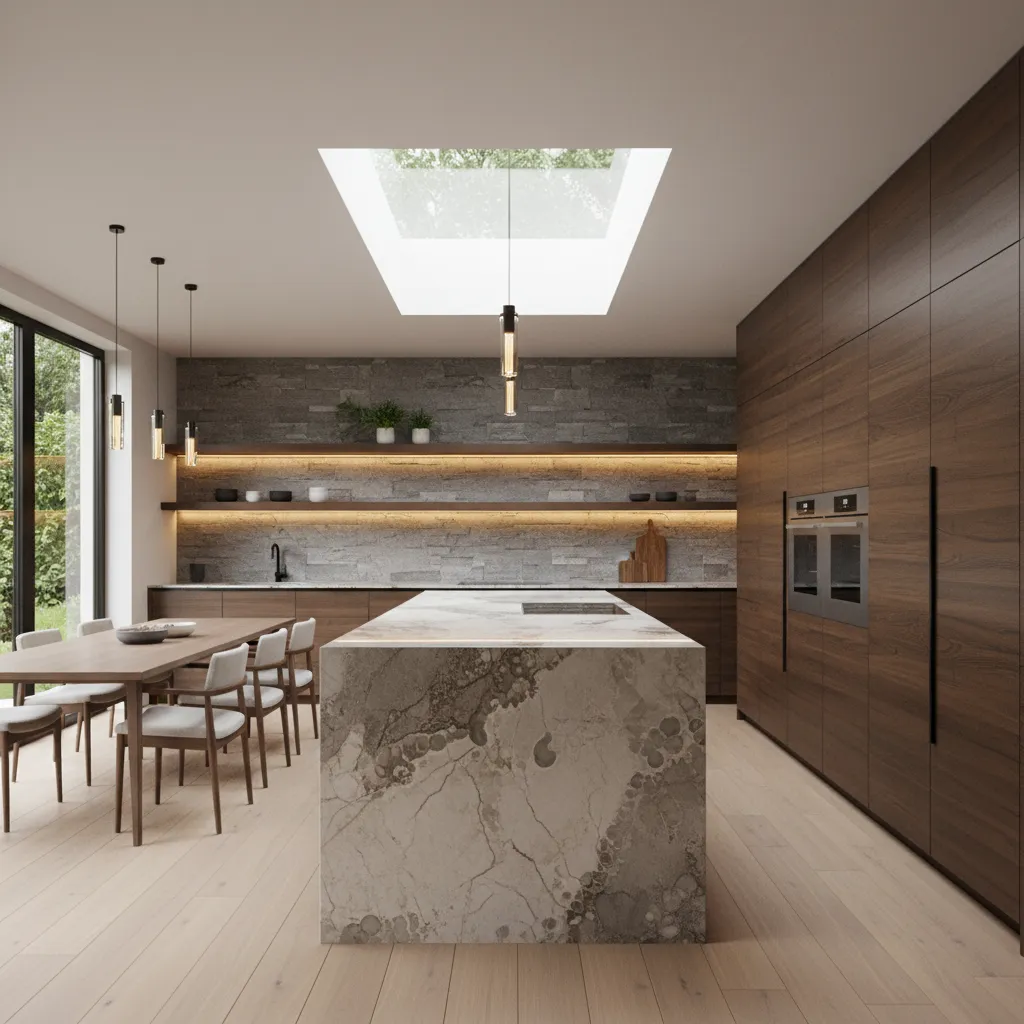 Cocina moderna con isla de piedra y armarios de madera