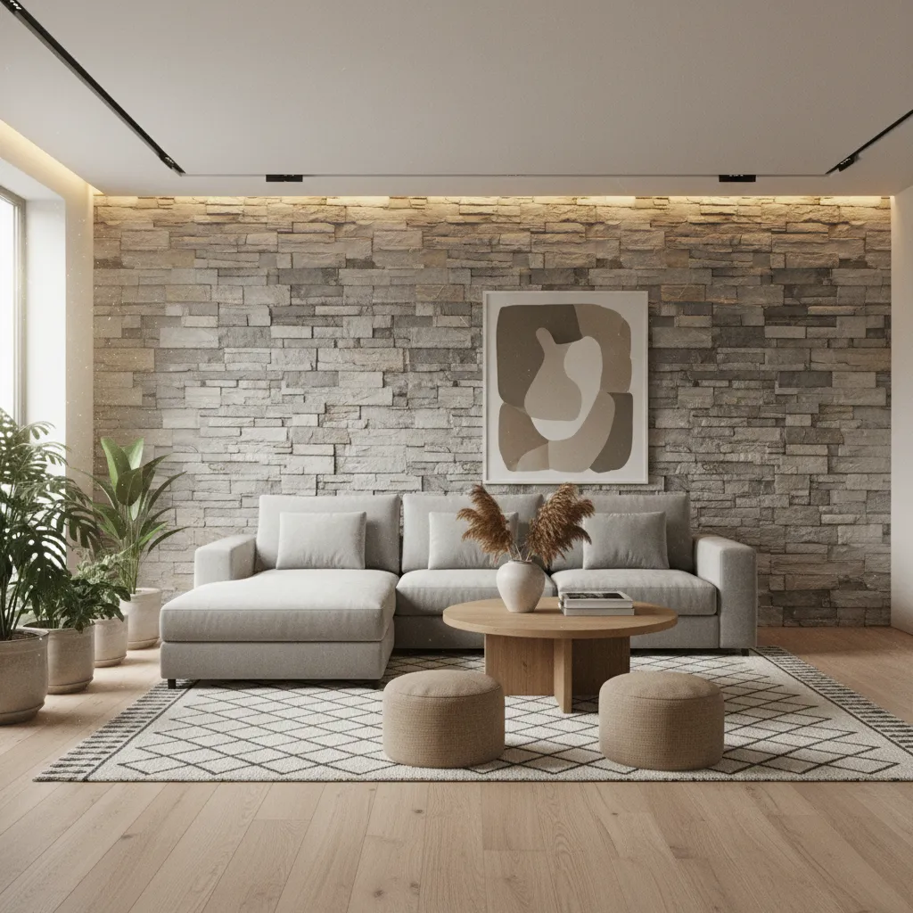 Pared de piedra natural combinada con suelo de madera en salón
