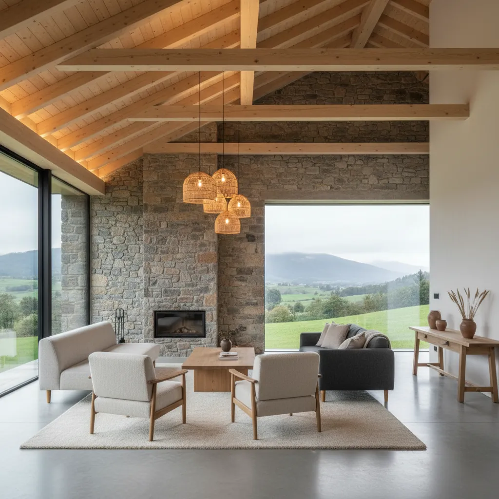 Interior moderno con piedra y madera en una casa asturiana