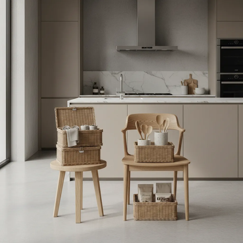 Modern kitchen interior featuring a wooden stool and chair holding woven storage baskets for kitchen tools