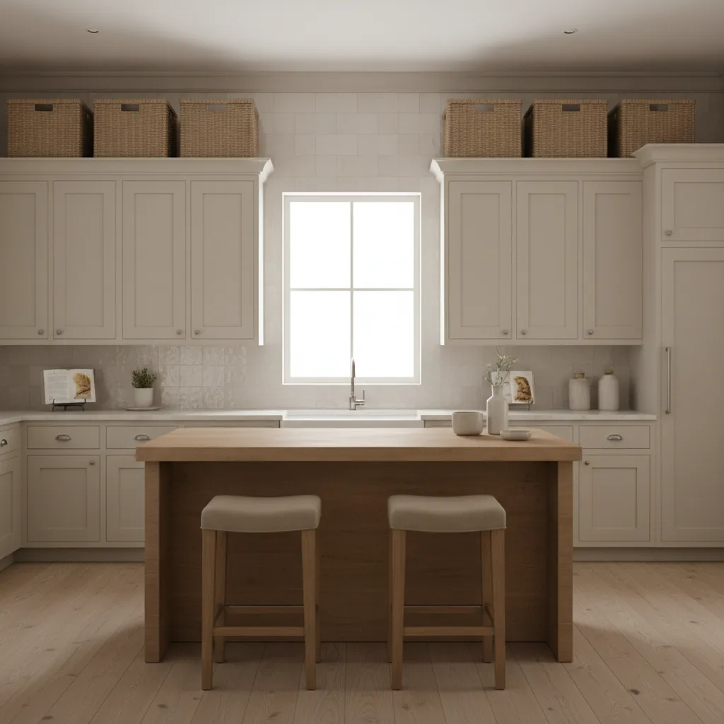 Woven storage baskets above kitchen cabinets used for hidden storage