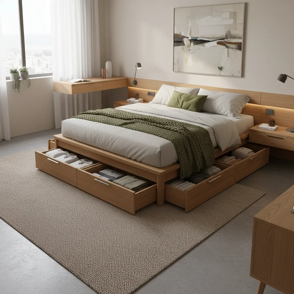 modern bedroom storage bed with hidden compartments