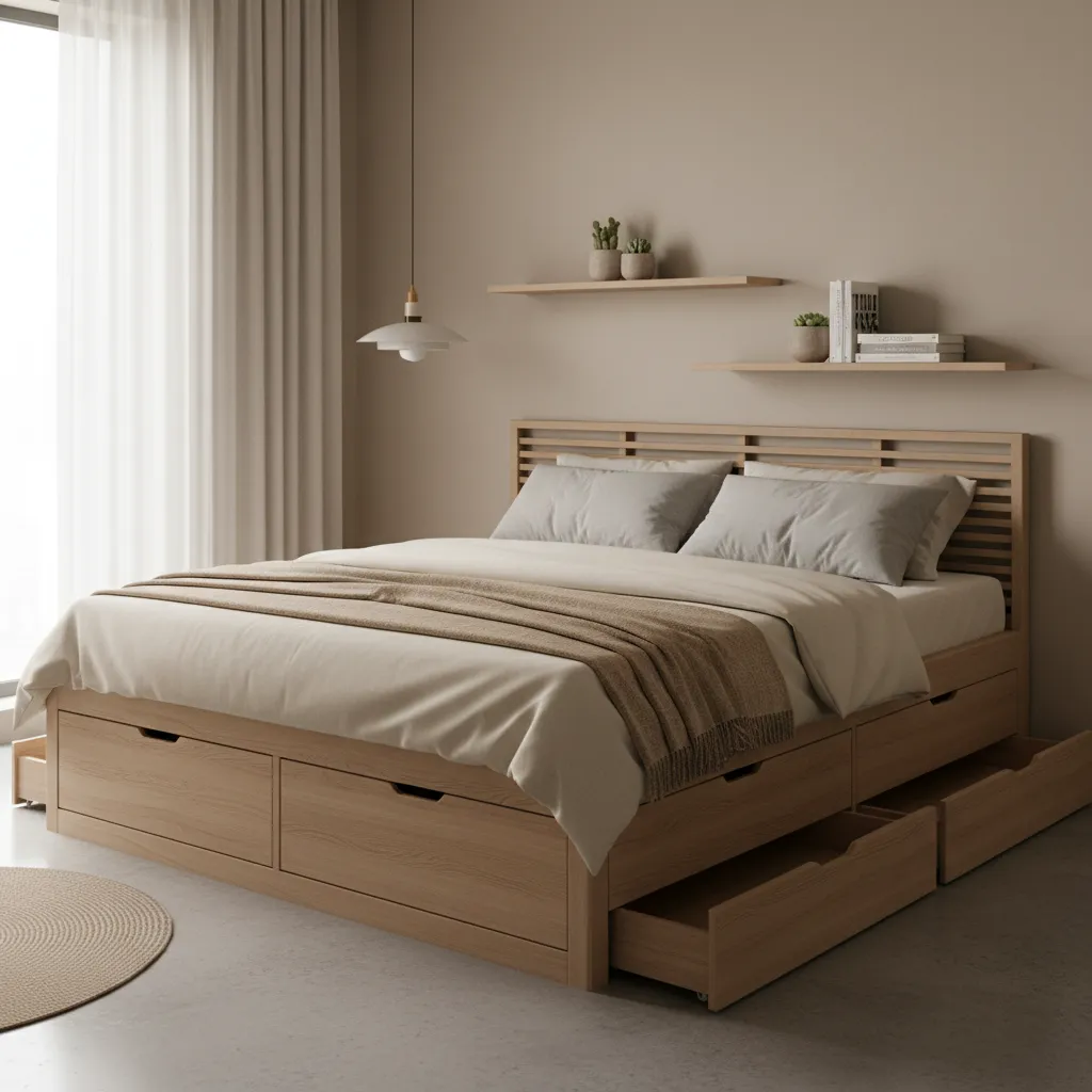 Storage bed with drawers in a compact couple bedroom