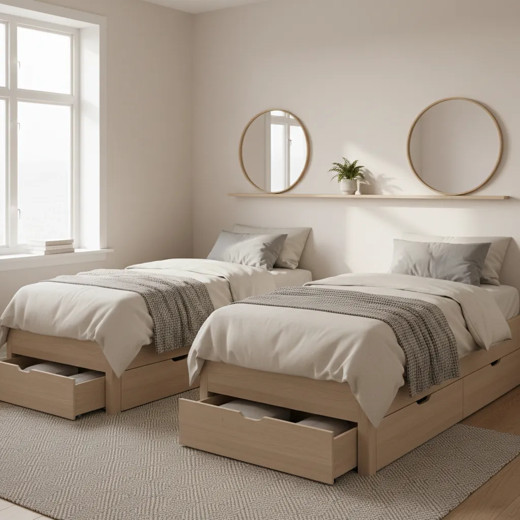 Twin storage beds with drawers in a small bedroom