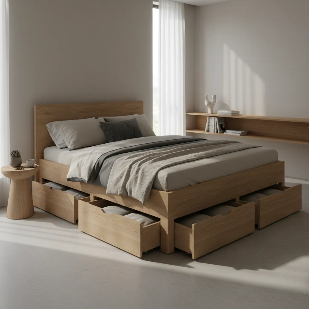 Platform storage bed with drawers in a small bedroom