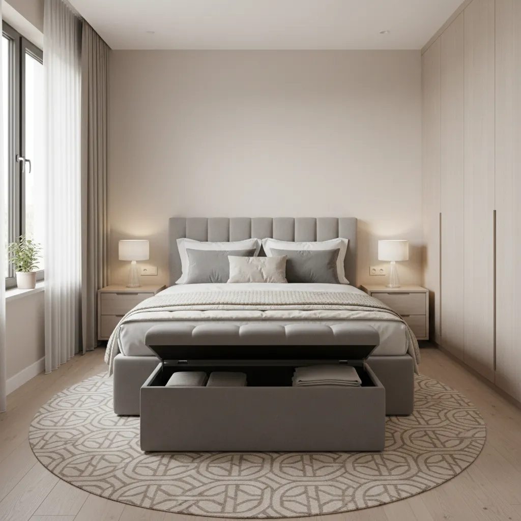 Storage bench placed at the foot of a queen bed in small bedroom