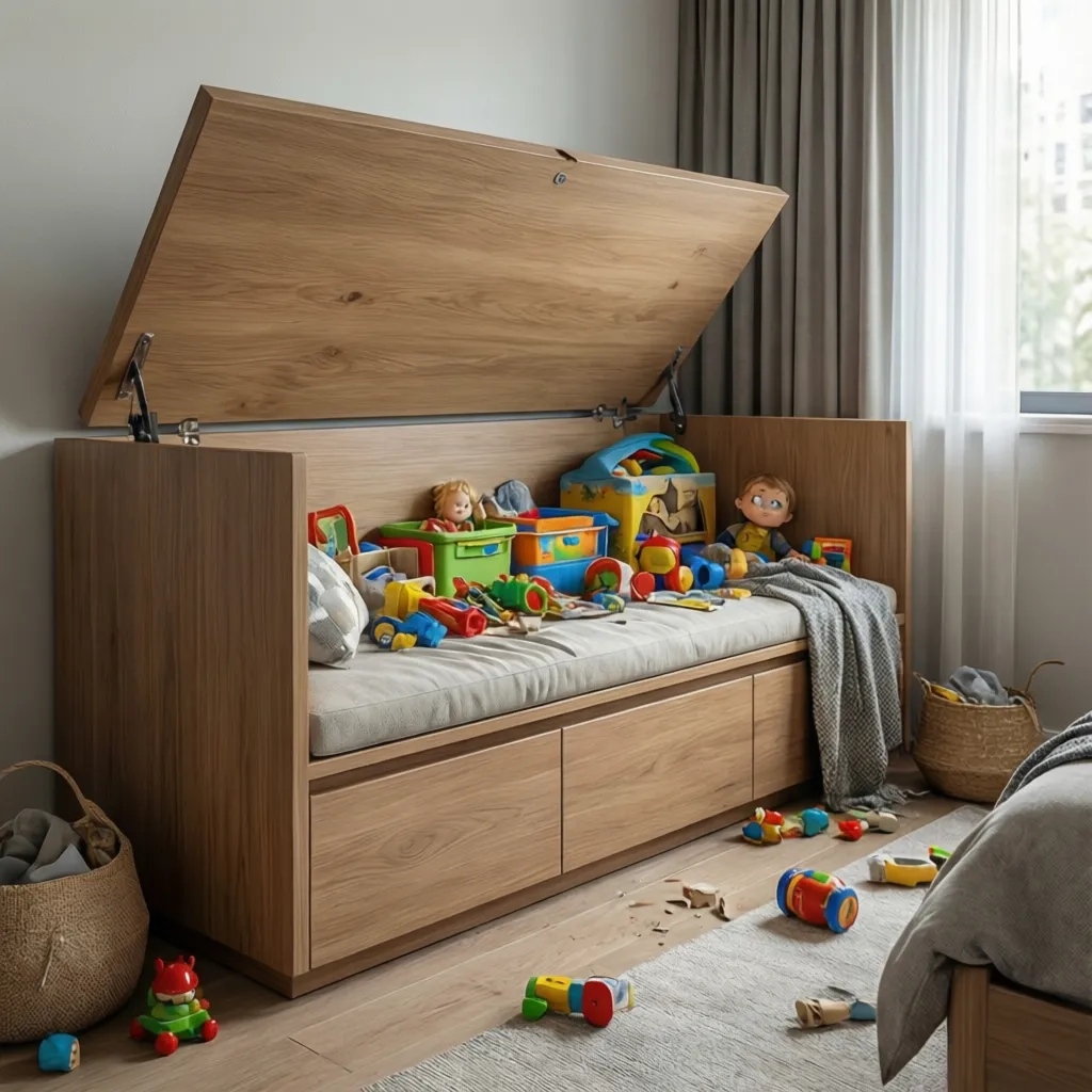 Kids bedroom storage bench with toys stored inside