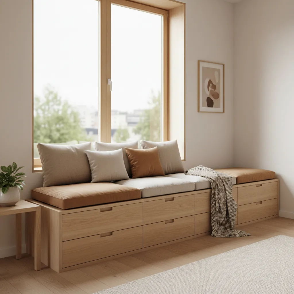 Window storage bench used as seating in small living room