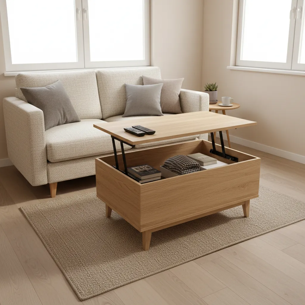 Light wood coffee table with lift top showing storage inside next to cream fabric sofa