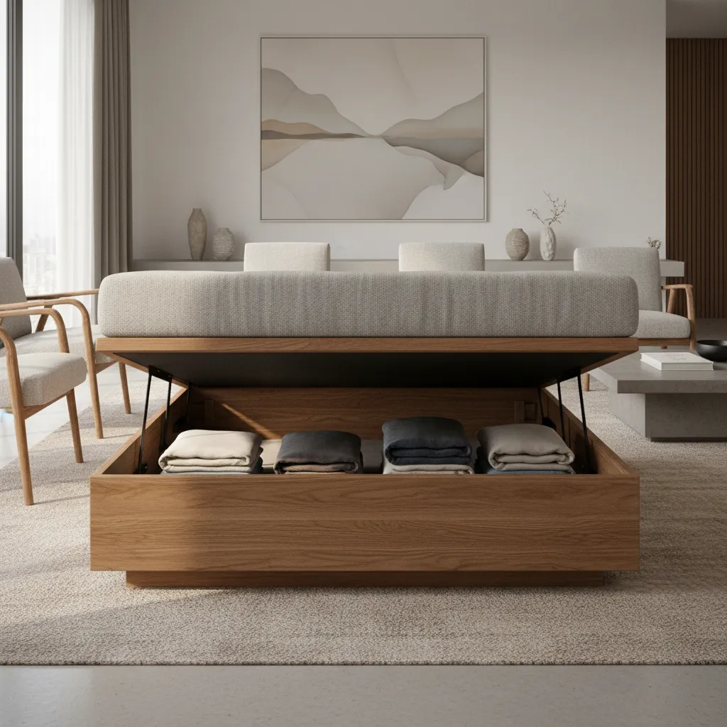modern storage diwan with lift up base showing hidden storage