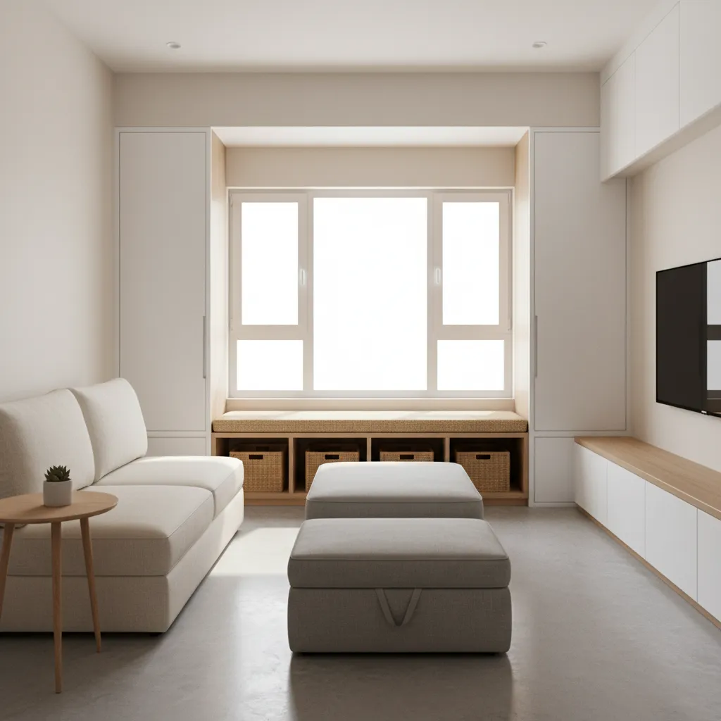 Tiny home furniture with hidden storage including ottoman and storage bench