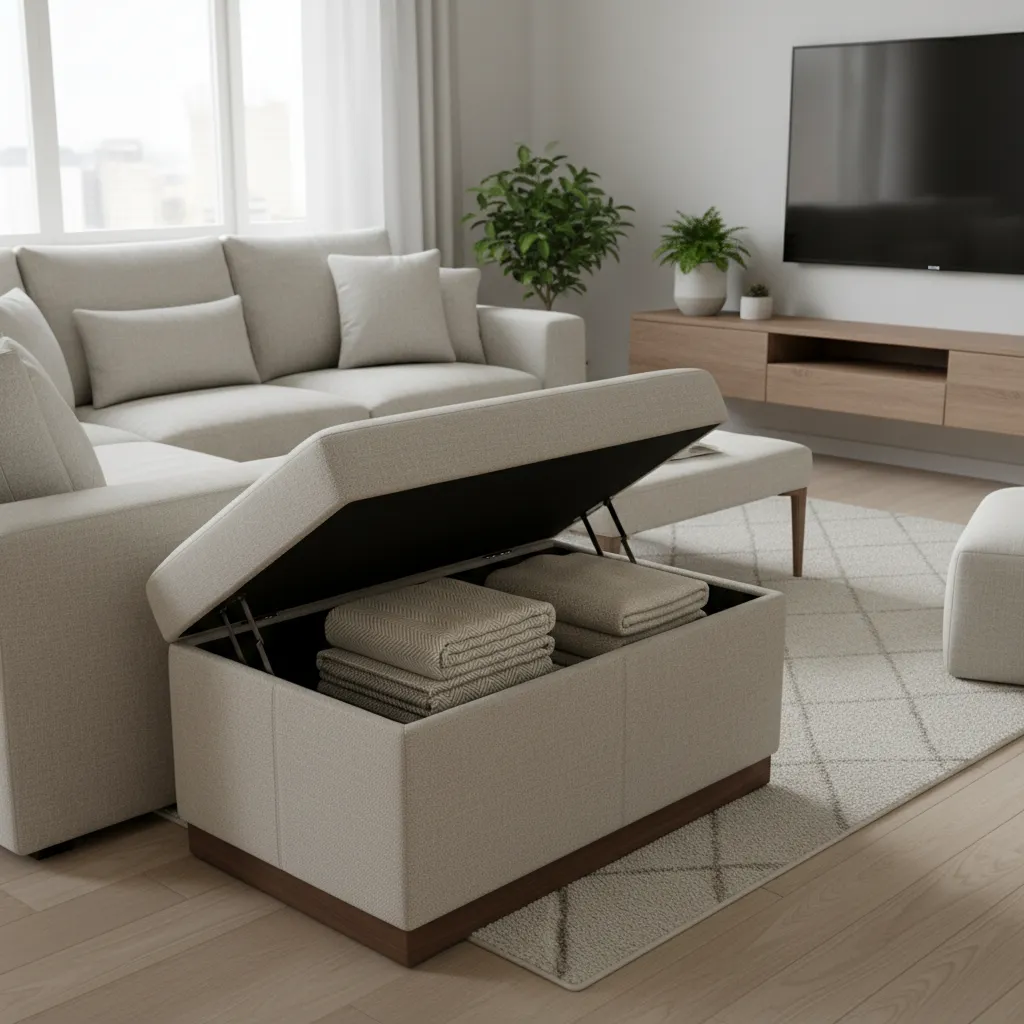 living room storage ottoman opened showing folded blankets