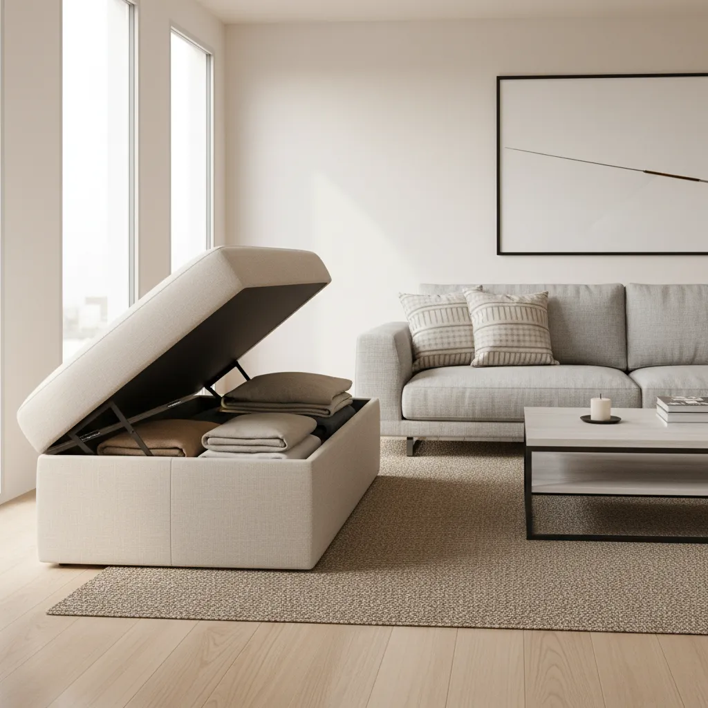 Living room storage ottoman opened to reveal neatly stored blankets