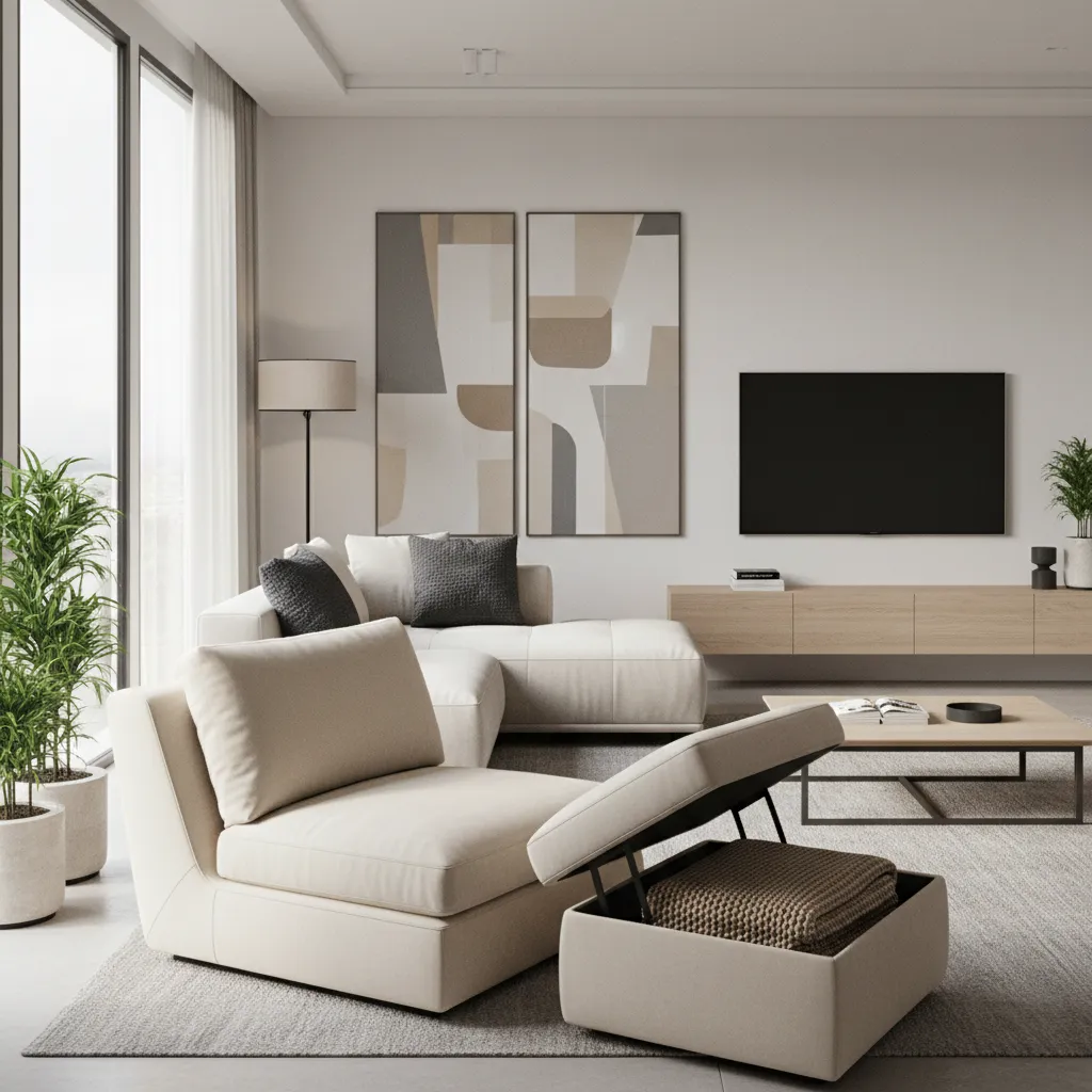 Storage ottoman with lid open next to lounge chair