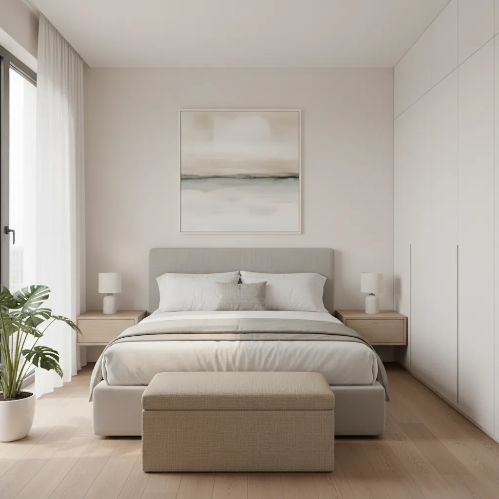 storage ottoman used as seating in a small bedroom