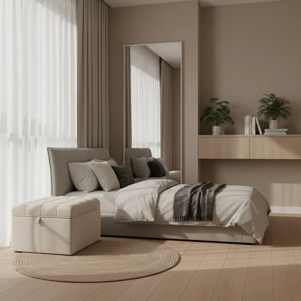 multi functional storage ottoman used as seating in small bedroom