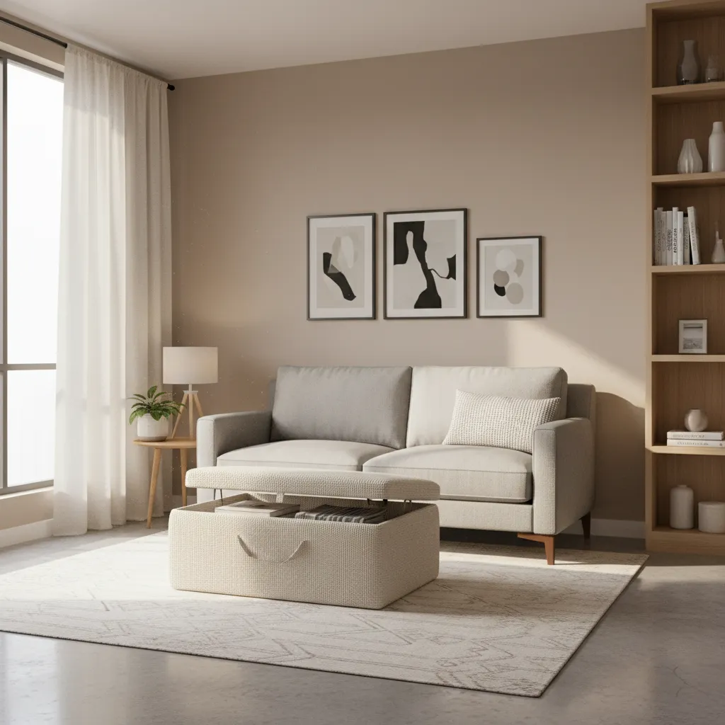 storage ottoman used as seating and storage in small living room